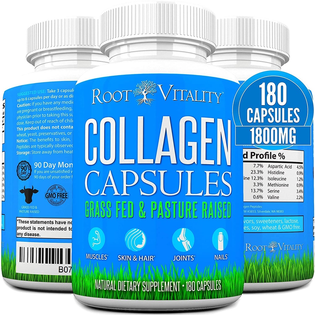 Kolagen Vitality Kolagen Peptydes kapsułki - Grass- Fed, Pasture- Zhydrolizowane suplement białka dla skóry, włosów i paznokci - Non-GMO, Zero Sugar Daily Pills dla mężczyzn i kobiet (180 kapsułki)