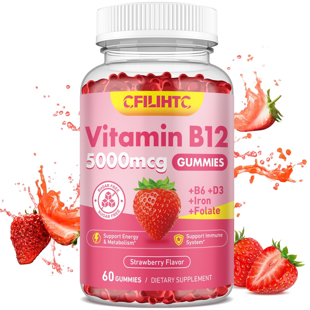Witamina B12 Gummie dla Kobiet i Mężczyzn, 5000mcg Gummie metylowe B12 z Witaminą B6, D3, Żelazo, Folate dla Dorosłych, Wspiera Energia & Metabolizm Boost, Nastrój, Immune & System nerwowy, Truskawka bez cukru
