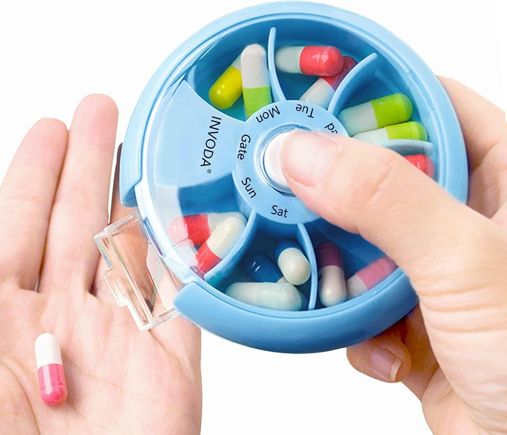 INVODA Cotygodniowy pill organizer 7 Cometude Rotating pill Box for Daily Medication & Vitamin - Przenośny pill przypadku ryb suplementy oleju Vitamin Organizator (Sky Blue)