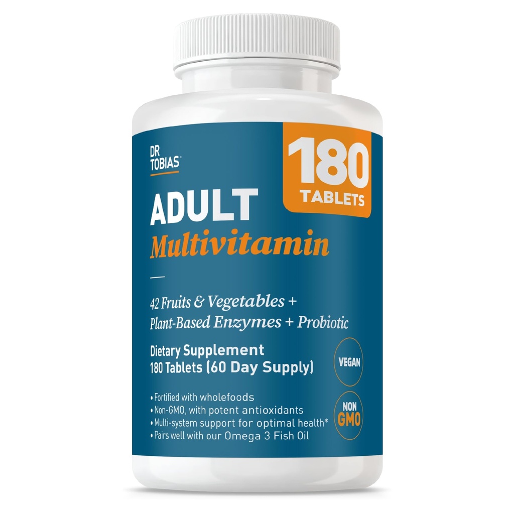 Dr. Tobias Adult Multivitamin dla Kobiet i Mężczyzn, Immune Support Vitamin z 42 Owoce, Warzywa, Plus Probiotyki, Wegan Multivitamin dla mężczyzn i kobiet, Non-GMO, 180 Tabletki, 60 Servings