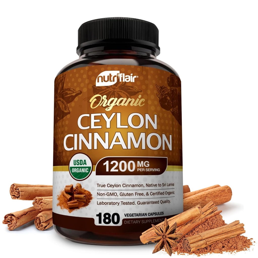 Nutric Flair Organic Ceylon Cynamon (100% Certified Organic Ceylon Cynamon) 1200mg na porcję, 180 Kapsułek - łączniki, zapalne, Przeciwutleniacz