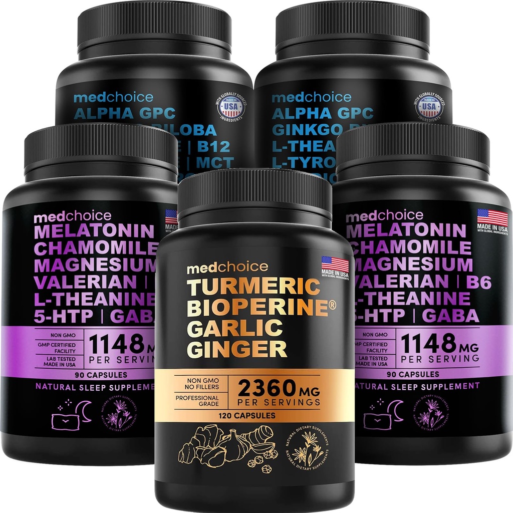 MEDCHOICE Turmeric & Ginger (120ct), Sleep Melatonin (180ct) i Nootropic Brain (120ct) Supplement Bundle - Wellness Trio for Brain, Sleep, & Immune Support - Vegan, Non-GMO, Gluten- Free