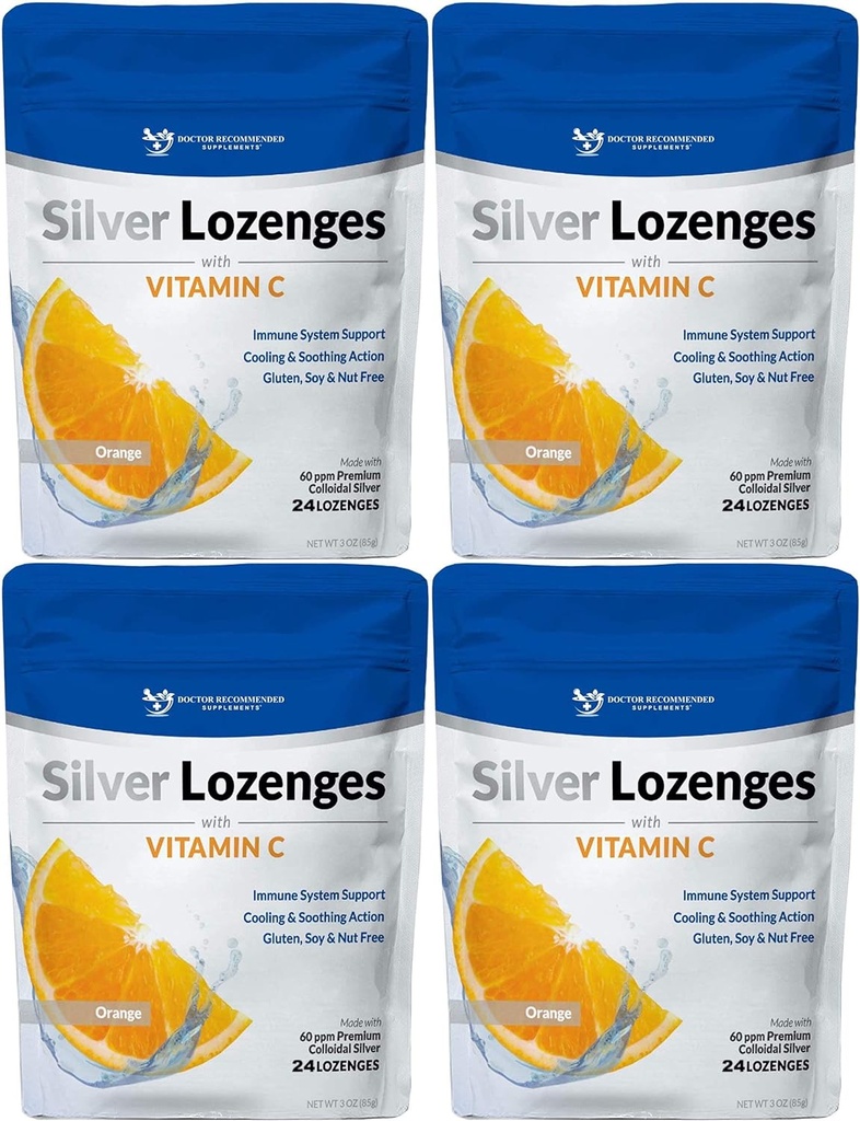 Srebrne Lozenges z witaminą C - Premium Nano Silver 60 PPM Colloidal Silver, Miód organiczny i witamina C Suplement mineralny Dropy do wsparcia układu immunologicznego, Soothe Cough & Throat - Opakowanie 4