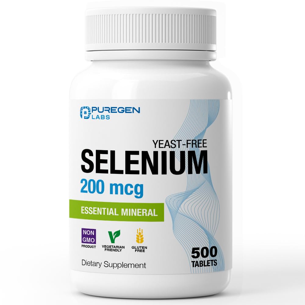Puregen Labs Selenium 200 mcg Yeast Free Essential Mineral - 500 Tabletki wegetariańskie 124; Immune & Antioksydant Support Support 124; Non- GMO, Gluten Free, Made in USA