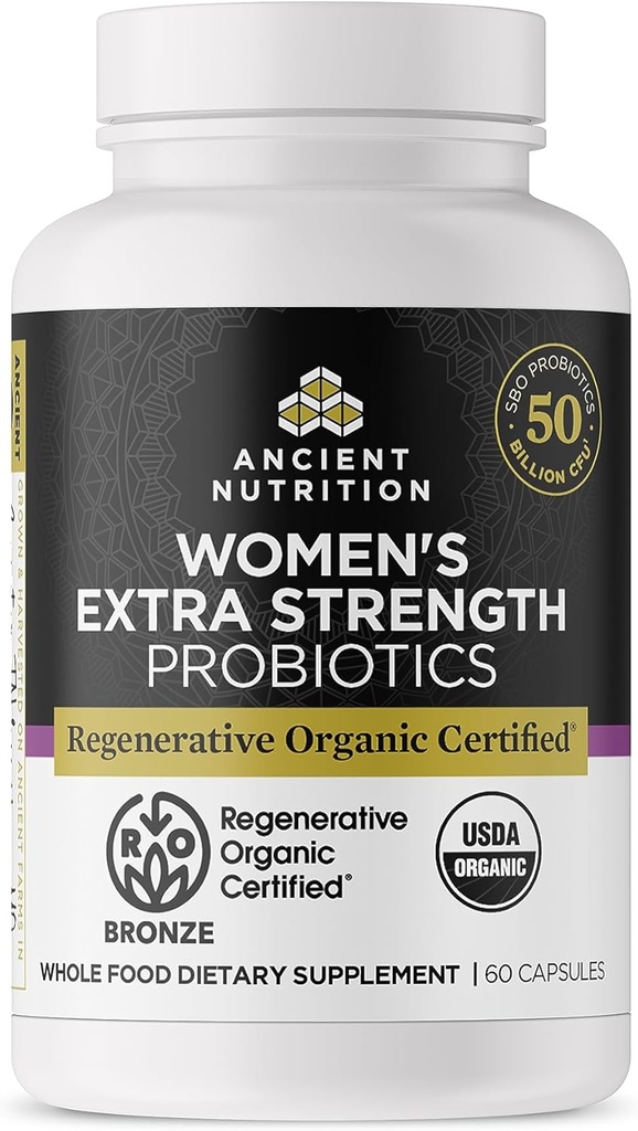 Ancient Nutrition Regenerative Organic Certified Probiotics for Women, Probiotics Women 's Extra Strength, Zdrowa trawienie i System immunologiczny Function Support, 25 Miliard CFU * Per Serving, 60 Count