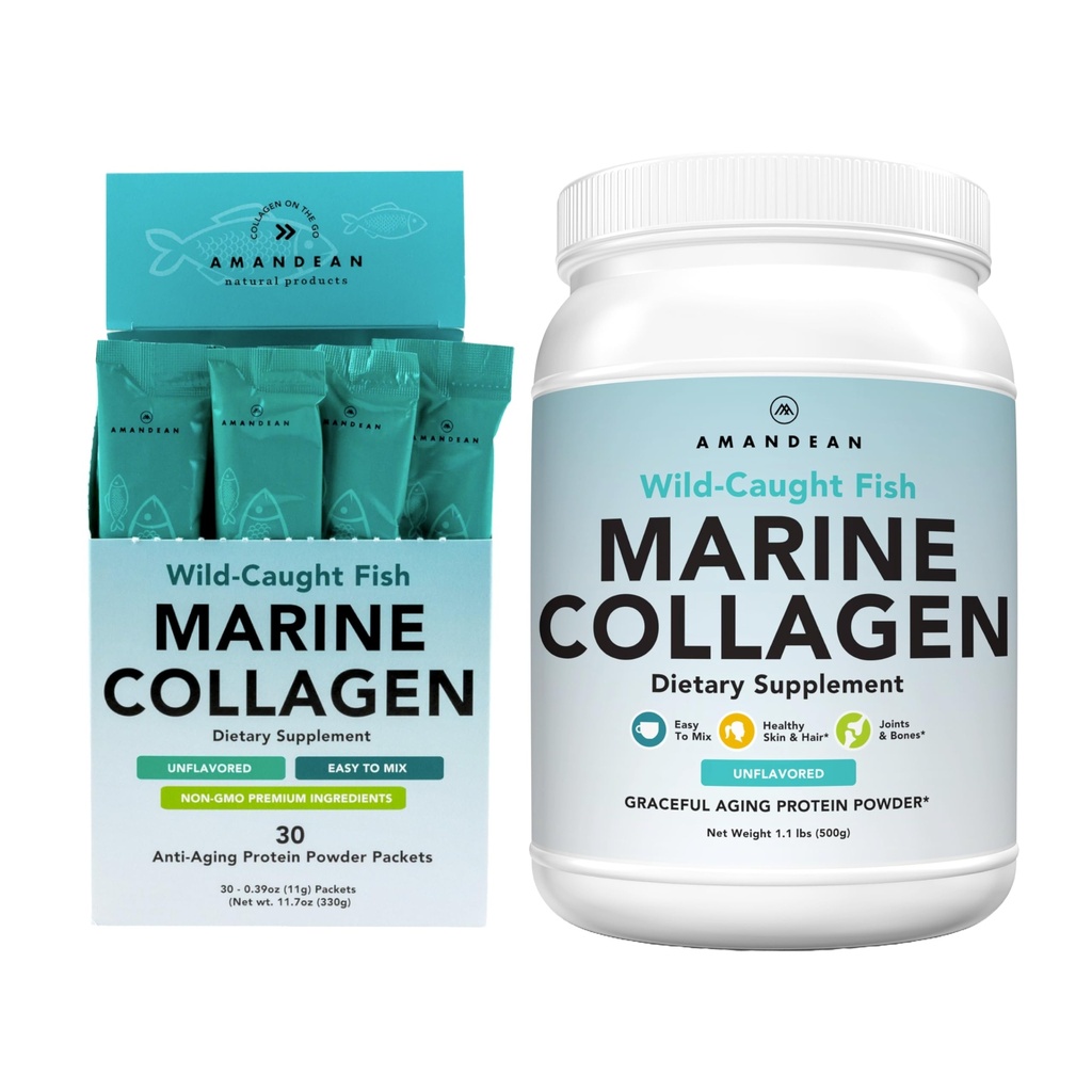 AMANDEAN Marine Collagen Duo. 500g Kontener + 30 Travel Packs. Zhydrolizowany kolagen rybny Peptydy dla skóry, włosów i paznokci. Pescatarian, Keto & Paleo- friendly, Unflavored