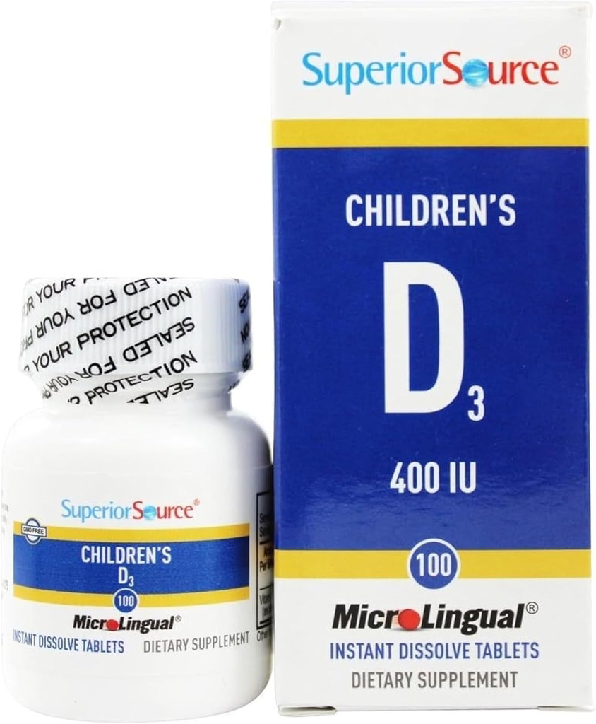Superior Source Witamina D3 400 j. m. - Zęby, suplement pomocy immunologicznej i kości dla dzieci - Nie-GMO - 100 Micro Językowe tabletki rozpuszczalne