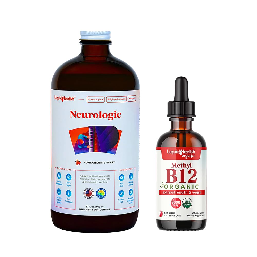 LIQUIDHEALTH Neurologic Nootropic Focus Supplement & Organic Methyl B12 5000mcg witaminy krople z Tarta Cherry Juice dla immunologicznego wsparcia, Ulepszona pamięć i koncentracja, Natural Energy, Ogólny Zdrowie