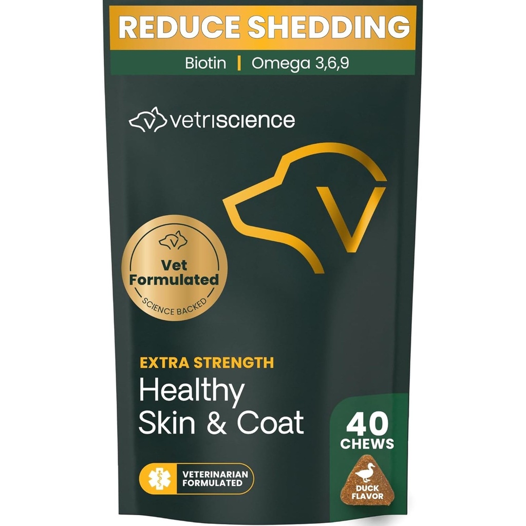 VetriScience Dodatkowa siła Zdrowa skóra & Coat Chews, Suplement Omega Plus dla psów, z zbalansowany Omega 3, 6, 9, Olej rybny i biotyna, Zdrowie skóry, Coat wzrostu i Shine, Kaczka, 40 Hrabia