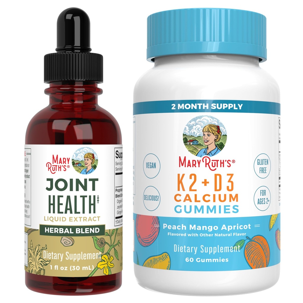 MaryRuth Organics Joint Health Liquid Drops & Witamina K2 + D3 Gummies (Peach Mango i Morelot) 124; Etykieta Projekt zweryfikowany 124; Witaminy dla wapnia, Łączniki, i wsparcia kości 124; Wegan, Non-GMO, Gluten Free