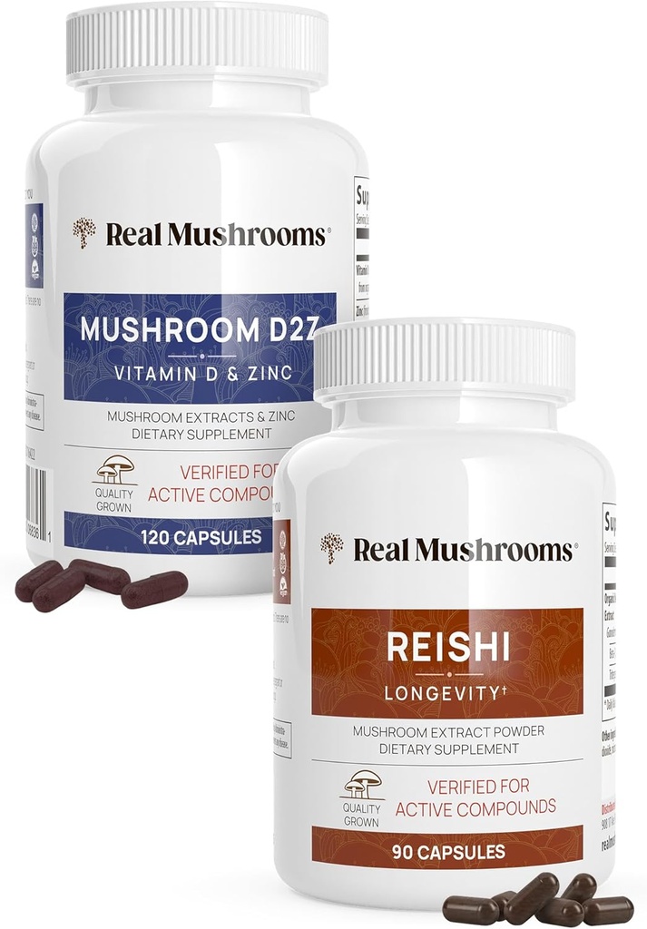 Real Mushrooms Vitamin D2, Zinc (120ct) and Reishi 415 (90ct) Bundle with Chaga - Natural Support for Immunity, Better Sleep, and Relaxation - Vegan, Gluten Free, Non-GMO, Organic Mushroom Extracts