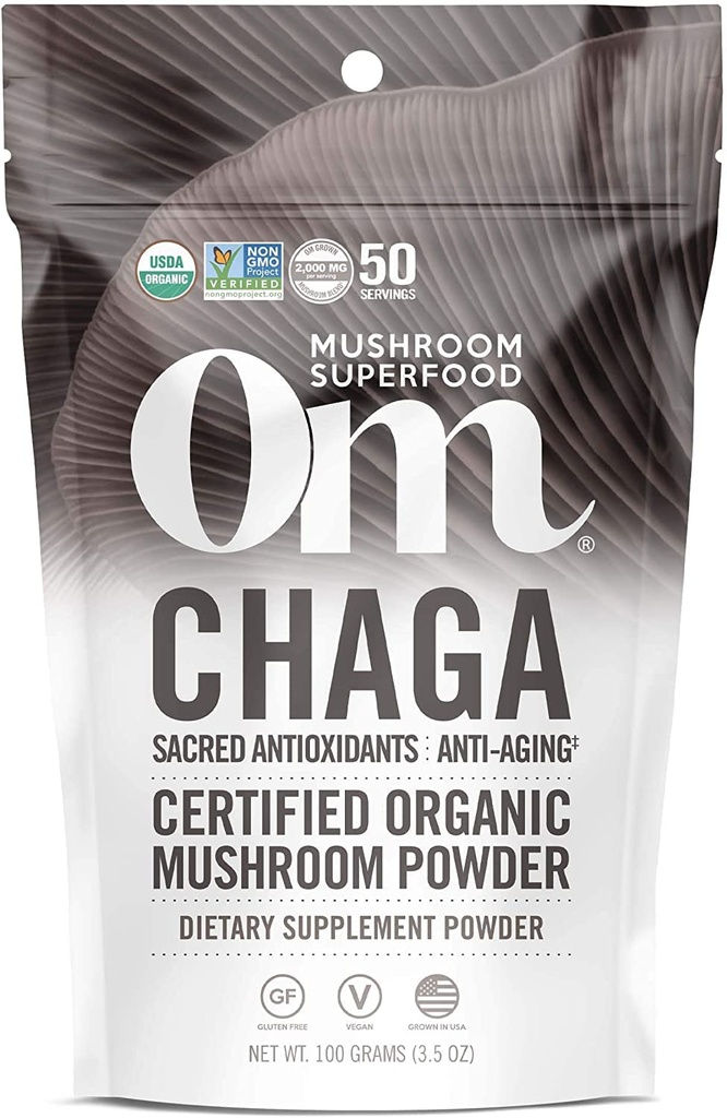 Om Mushroom Superfood Chaga Organic Mushroom Powder, 3.5 unce, 50 Służenia, US Urosły, Święte przeciwutleniacze i immunologiczne Wsparcie, Superfood Mushroom Supplement