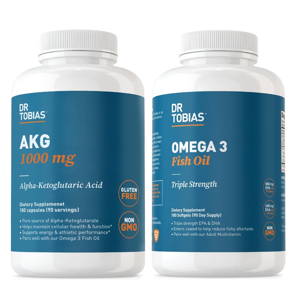 Dr Tobias AKG Supplement & Omega 3 Fish Oil, Support Cellular Energy & General Health with AKG and Triple- Siła Omega 3 EPA & DHA, Non-GMO