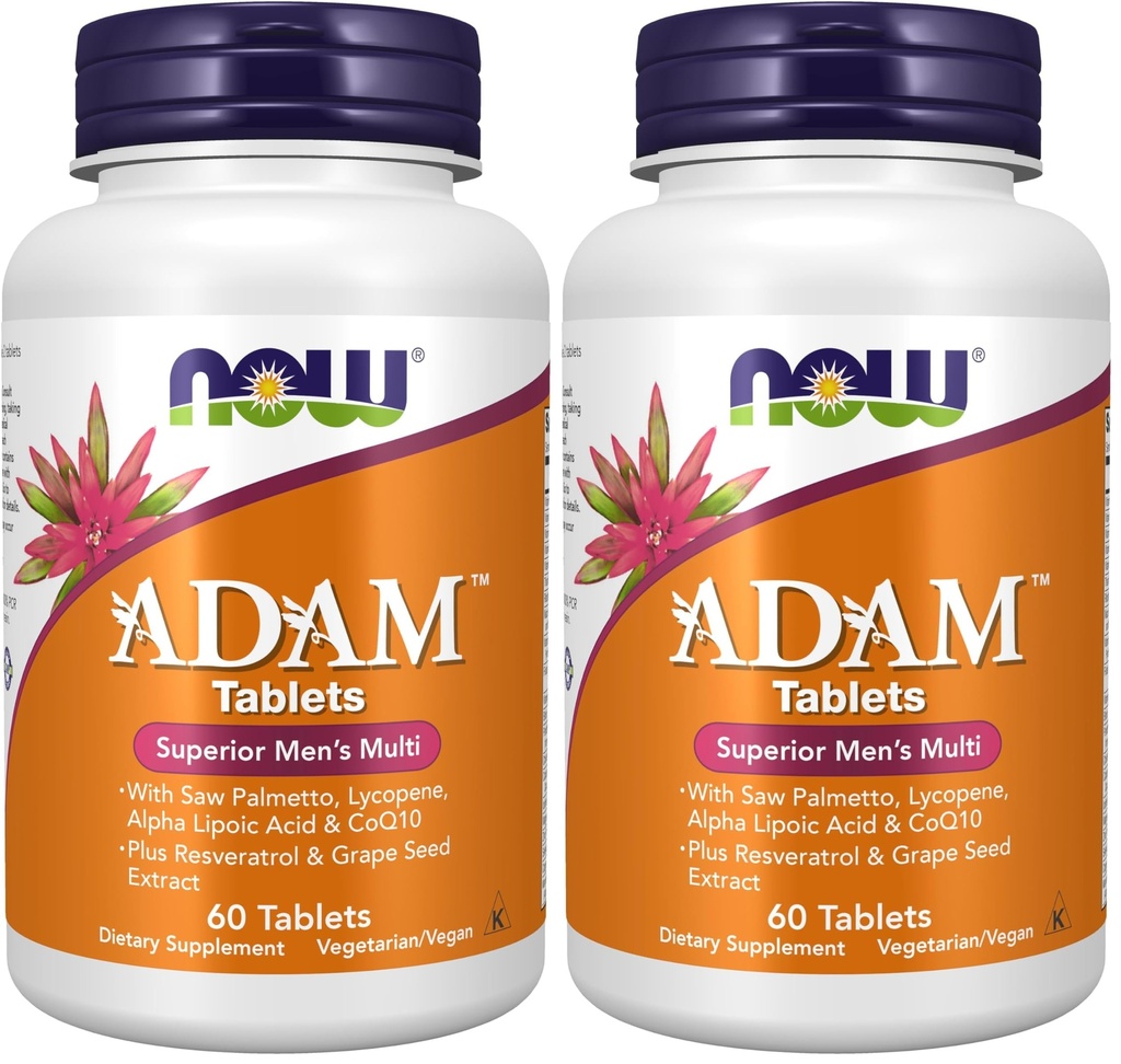 Teraz suplementy, ADAM ™ Multiwitamina mężczyzn z Saw Palmetto, Lycopene, Kwas liponowy alfa i CoQ10, Plus Natural Resveratrol & Grape Seed Extract, 60 tabletek (Opakowanie 2)
