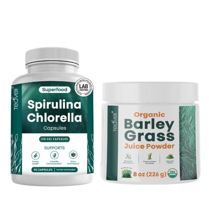 Teaveli Spirulina i Chlorella Kapsułki i Orgaic Barley Sok z trawy w proszku