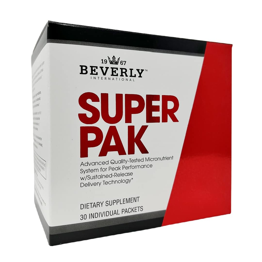 Beverly International Super Pak. 30 opakowań. Wysokiej mocy multiwitamina, Daily Pack for Energy, Wydajność, Zdrowie układu immunologicznego. Sformułowane na zamówienie dla sportowców, aktywnych mężczyzn i kobiet od 1970 roku.