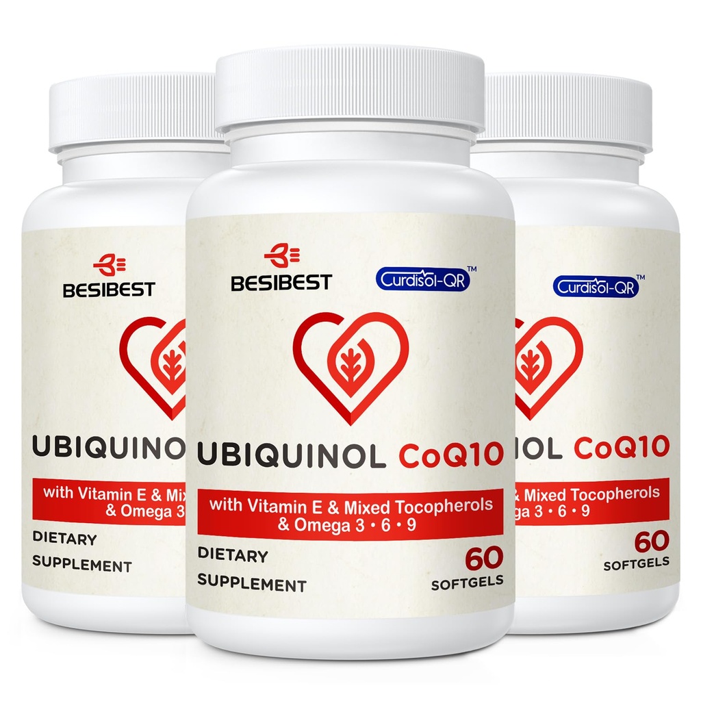 Ubichinol CoQ10- 600mg- Softgel, Active Coq10 Ubichinol Suplement z Witaminą E & Omega 3, 6, 9, Wysokie Absorpcja - Koenzyme- Q10, Potężny przeciwutleniacz do Produkcji Energetycznej, Tested, 180 Liczba