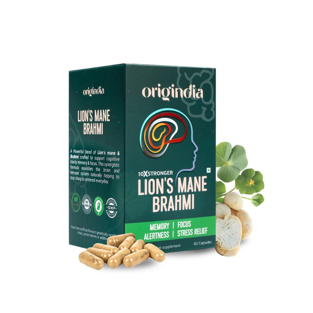 Lions Mane Brahmi Supplement, Brain Supplement Vegan Capsules with Lion's Mane Mushroom & Brahmi Extract for Memory Booster, Focus & Cognitive Support, Mind & Mood Enhancer, Pack of 1, 60 Capsules