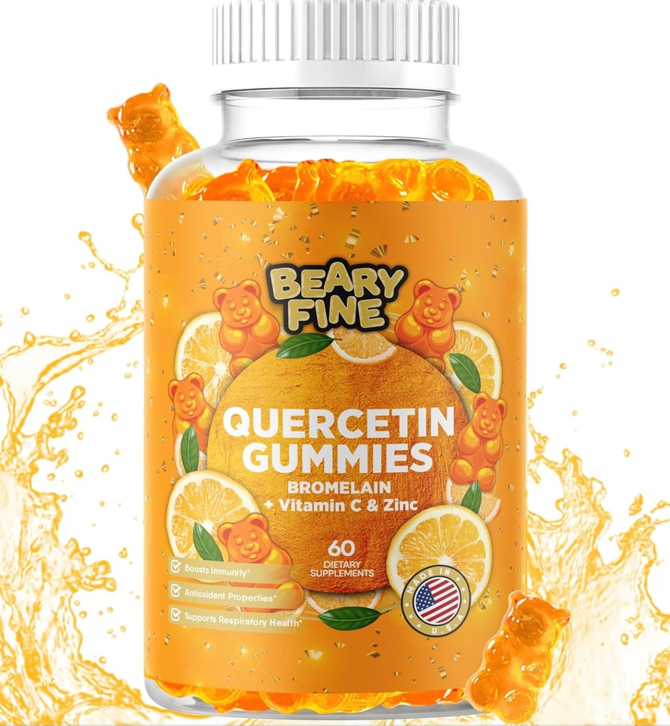 Quercetin z gumkami bromelainowymi - Witamina C + Cynk i witamina D3 - Dodatkowa siła immunologiczna Booster - 60 Gummies Quercetin - Made in USA