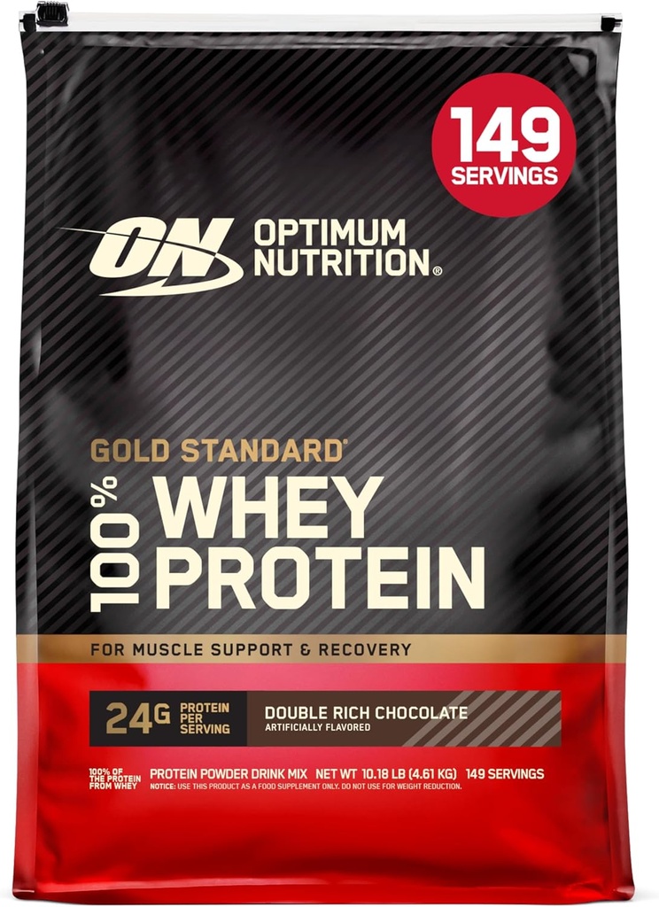 Optimum Nutrition Gold Standard 100% Proszek białkowy serwatki, Podwójnie bogata czekolada 10 funt (Opakowanie może Vary)