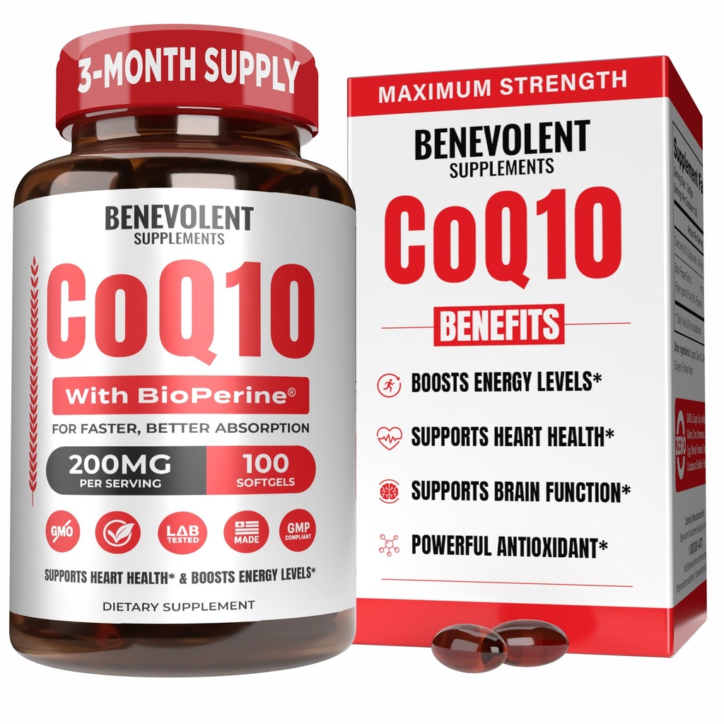 Miłosierny Pure CoQ10 200mg Softgels z BioPerine ® dla Max Absorpcja, Ubichinon Koenzym Q10 Suplement do Zdrowia Serca, Produkcja energii, Zdrowe Starsze i Przeciwutleniacze Wsparcie, 100 Softgels