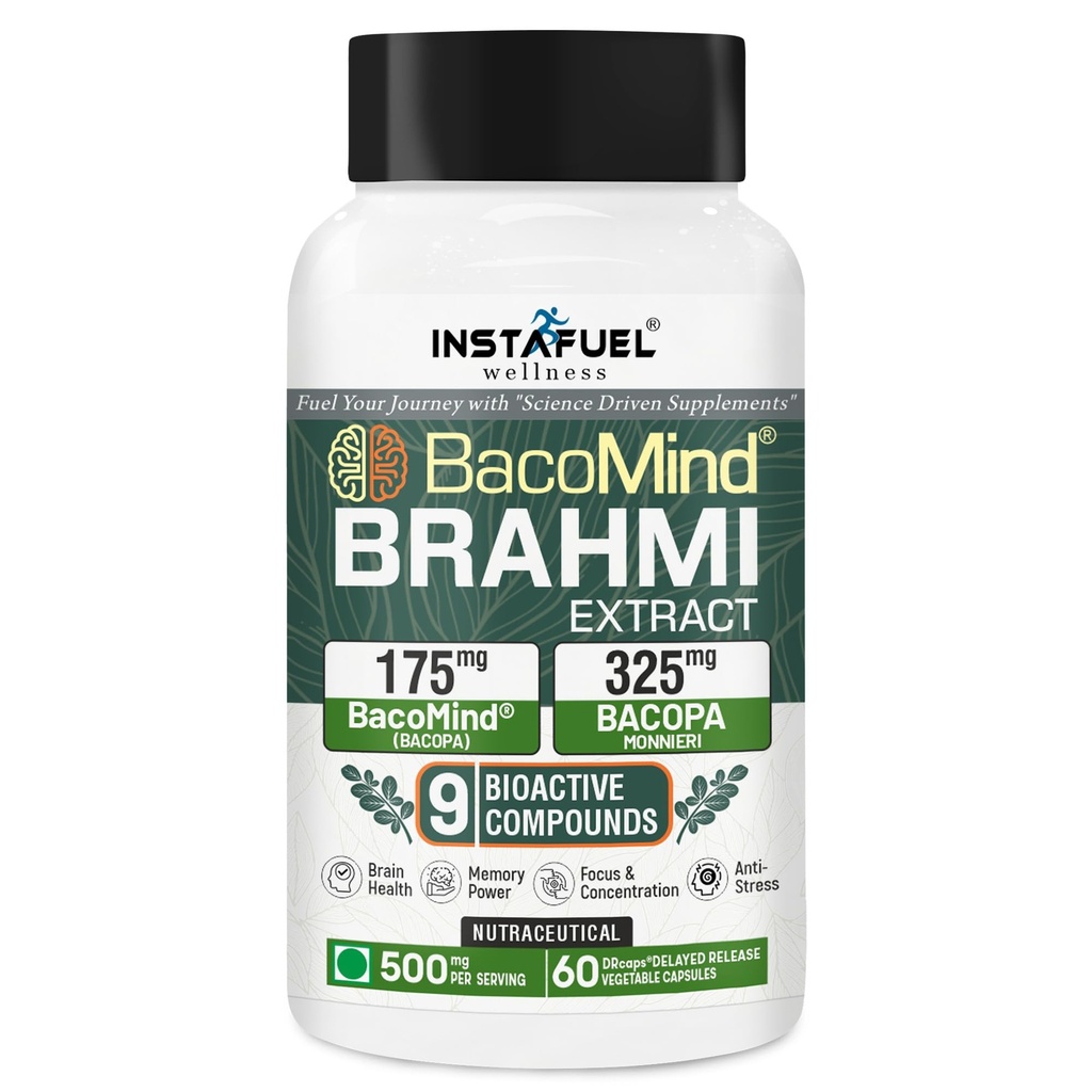 Instafuel BacoMind® Brahmi Capsules | Brain Booster Supplement | Memory, Focus & Concentration Support | Bacopa Monnieri Extract for Cognitive Health & Mental Clarity - 60 Count