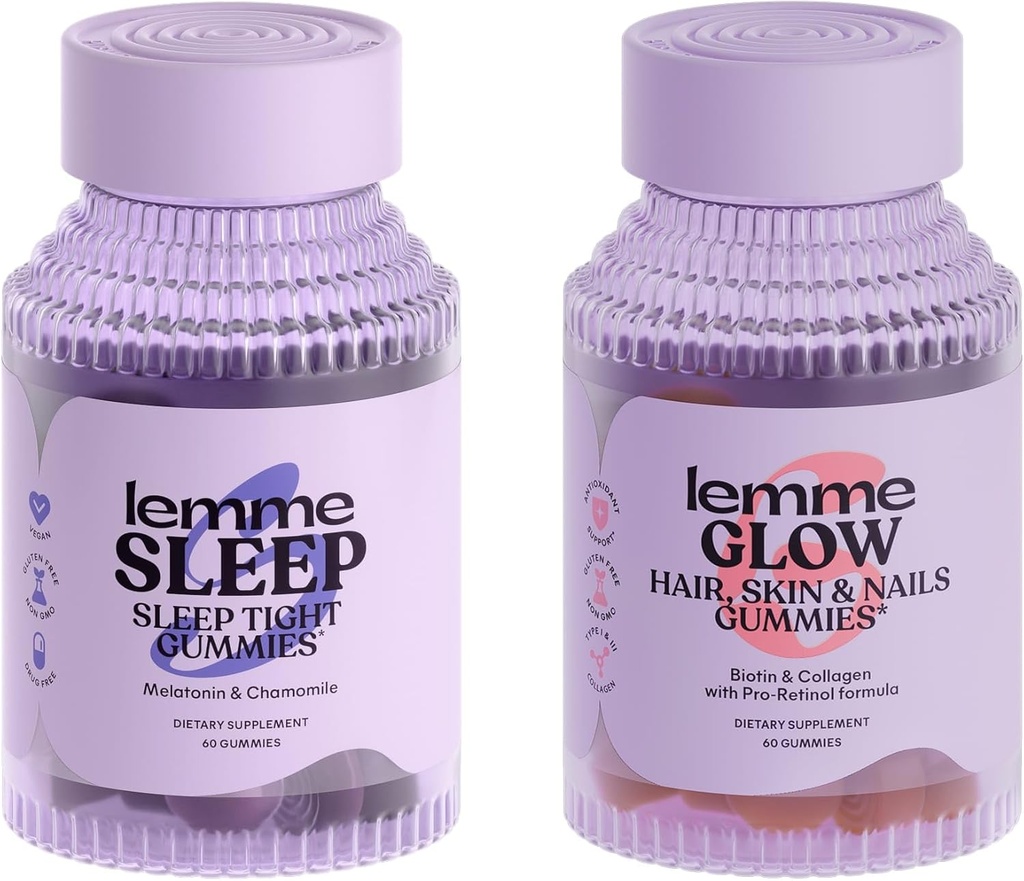 Lemme Sleep & Glow Bundle - Sleep Gummies, a Drug-Free Night Aid & Glow Biotin & Collagen Hair Gummies for Strong, Grube włosy & Reduced Shedding - Gluten / Żelatyna Free, Non-GMO - 60 Ct. Każdy