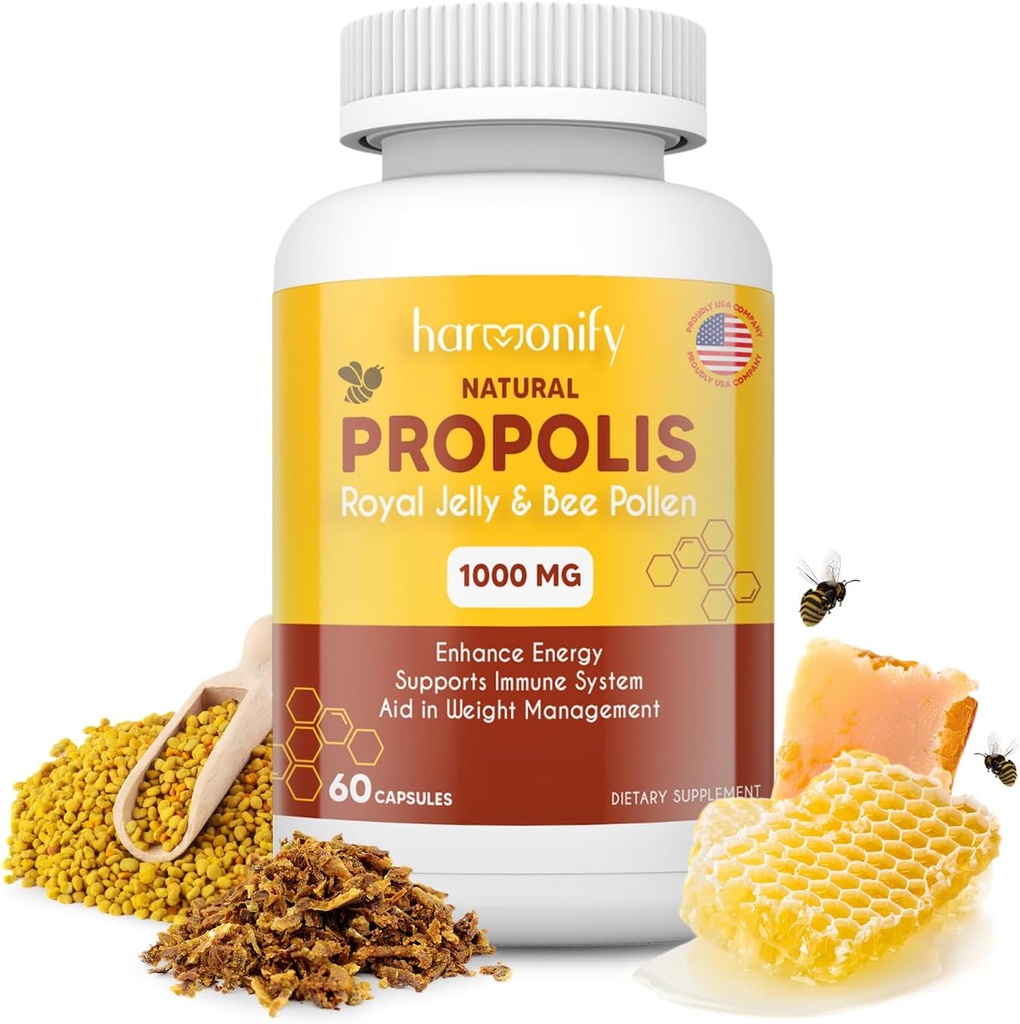Bee Pollen Propolis Royal Jelly Extract z Carob, Pure Immune Supplement Supplement, Gluten- Free, Kapsułki wegetariańskie, 1000 mg