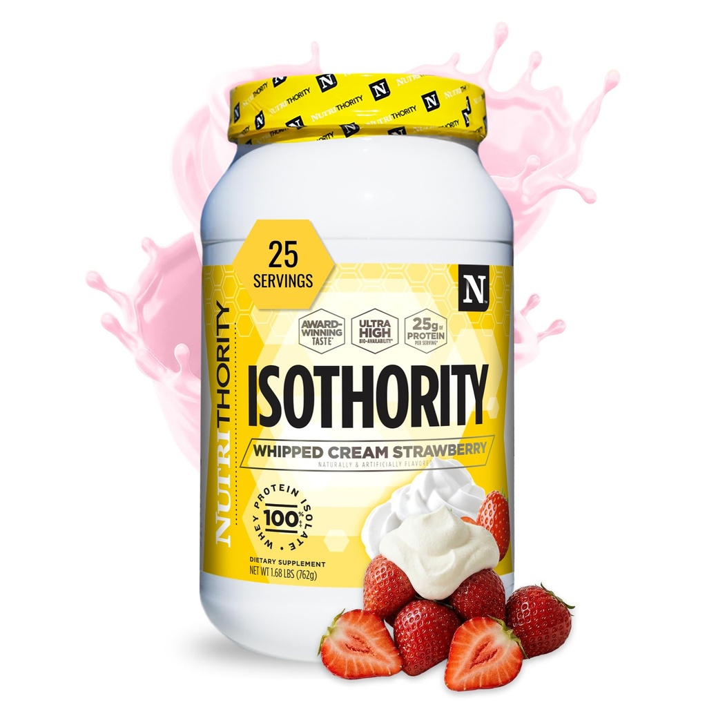 Isothority Whey Protein Isolate, Whipped Cream Strawberry, 2 lb - Ultra Absorbable Branched Chain Acids (BCAA) Proszek z 25g na porcję, niskie węglowodory - Zbuduj odzysk mięśni i przyspieszeń