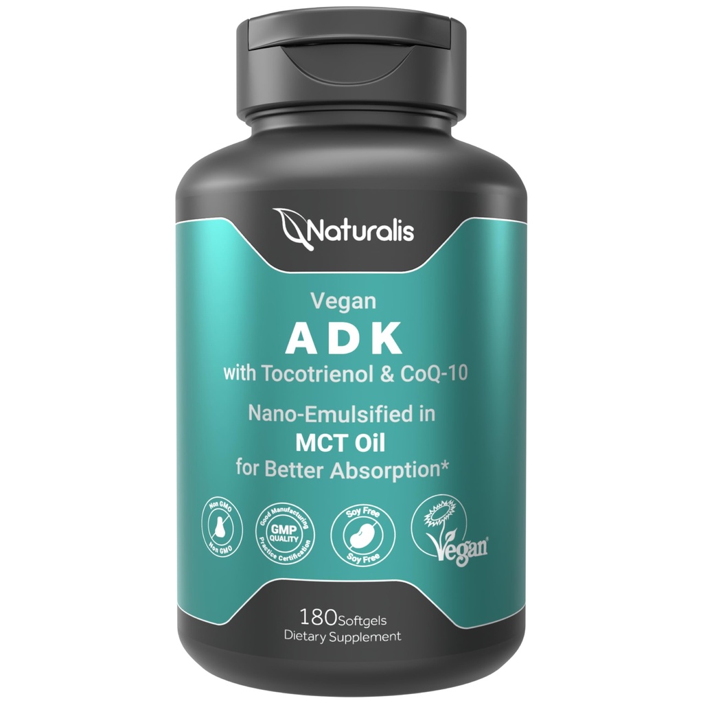 Naturalis Vegan Witamina ADK z 50mg Tocotrienol i CoQ- 10 XI124; Nano- Emulsyfikowany w EVOO dla lepszego absoprtion 124; Non- GMO, Soy Free i Vegan Society Certified XI124; 180 Veggie Softgels (Carrageenan Free)
