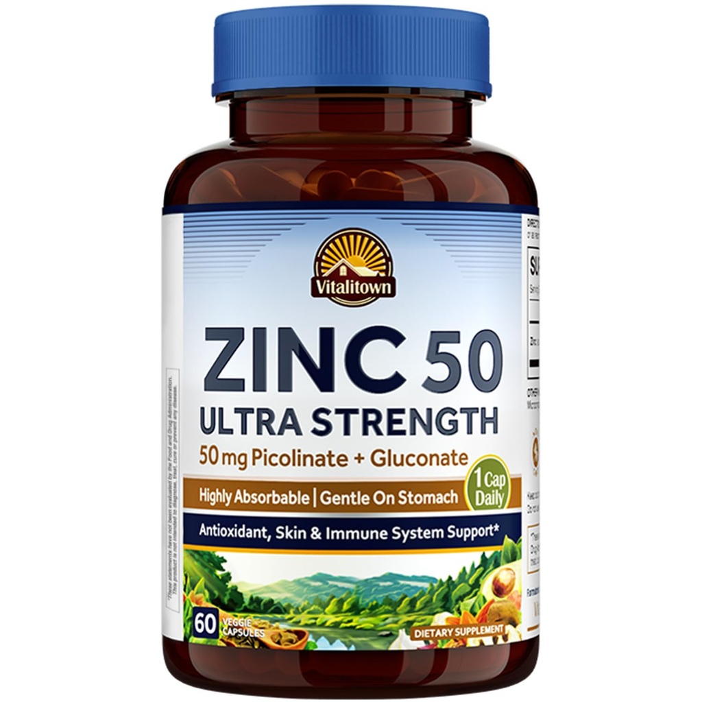 Vitalitown Chelated Cynk 50 mg, Pikolinian cynku i glukonian, 60 Kapsułek wegetariańskich, Well- Absorbowane, System immunologiczny, Zdrowa Skóra & Rozwój, Wegan, NO gluten, Non-GMO