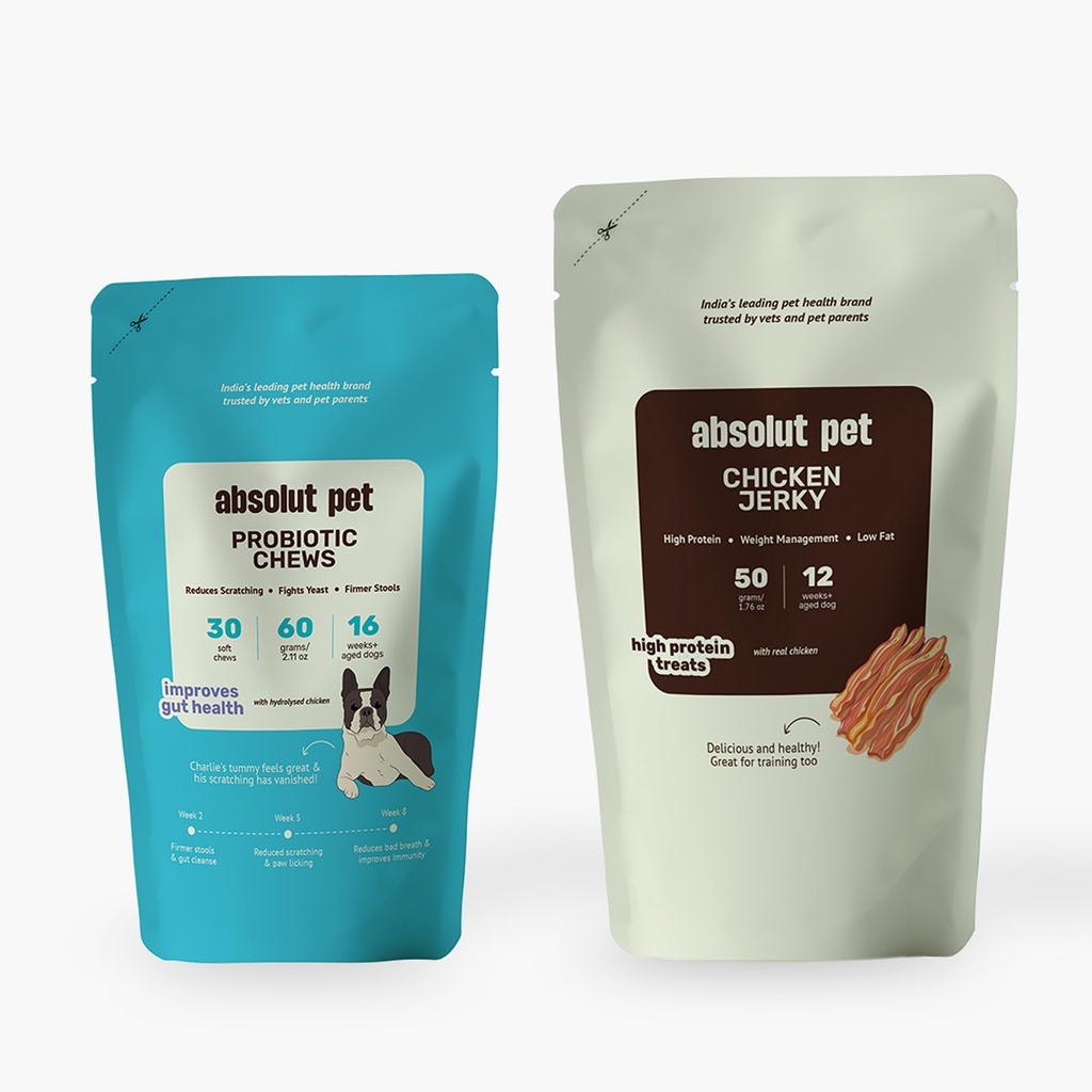 Absolut Pet Probiotic Chews + Chicken Jerky, Dog Gut Health | 75g + 50g