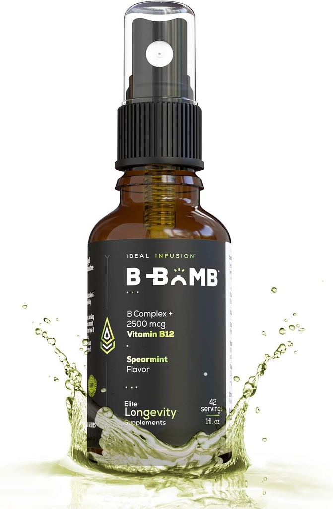 B- Bomba Witamina B12 + B Complex Liquid Spray: Methylcobalamina z Adenozylcobalamina: Energia i wsparcie nastrojów, Sugar-Free, Wegan, Organic Spearmint Flavor