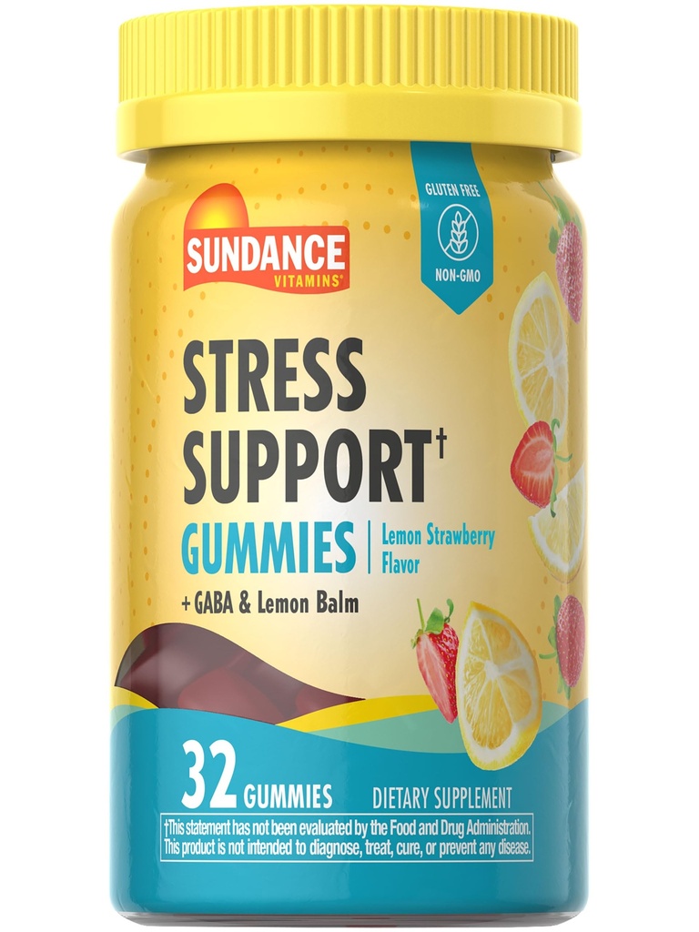 Sundance Stress Support Gummies Xi124; 32 Count Xi124; with GABA and Lemon Balm Xi124; Lemon Strawberry Flavor Xi124; Non- GMO and Gluten Free Supplement