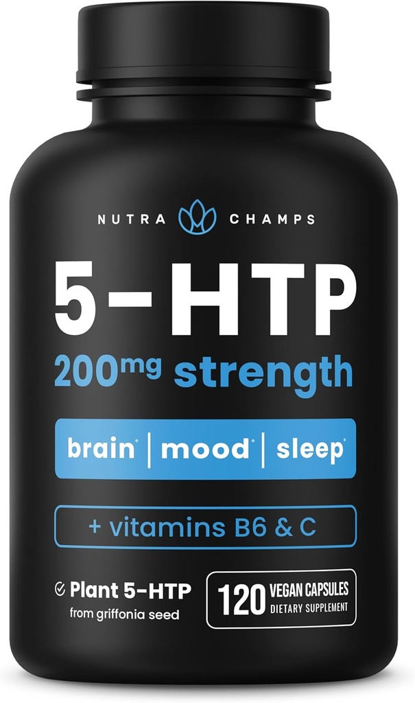 NutraChamps 5- HTP 200mg, 120 Kapsułek wegańskich, Pure 5HTP 100mg Plus Współczynniki Witamina B6 i Witamina C