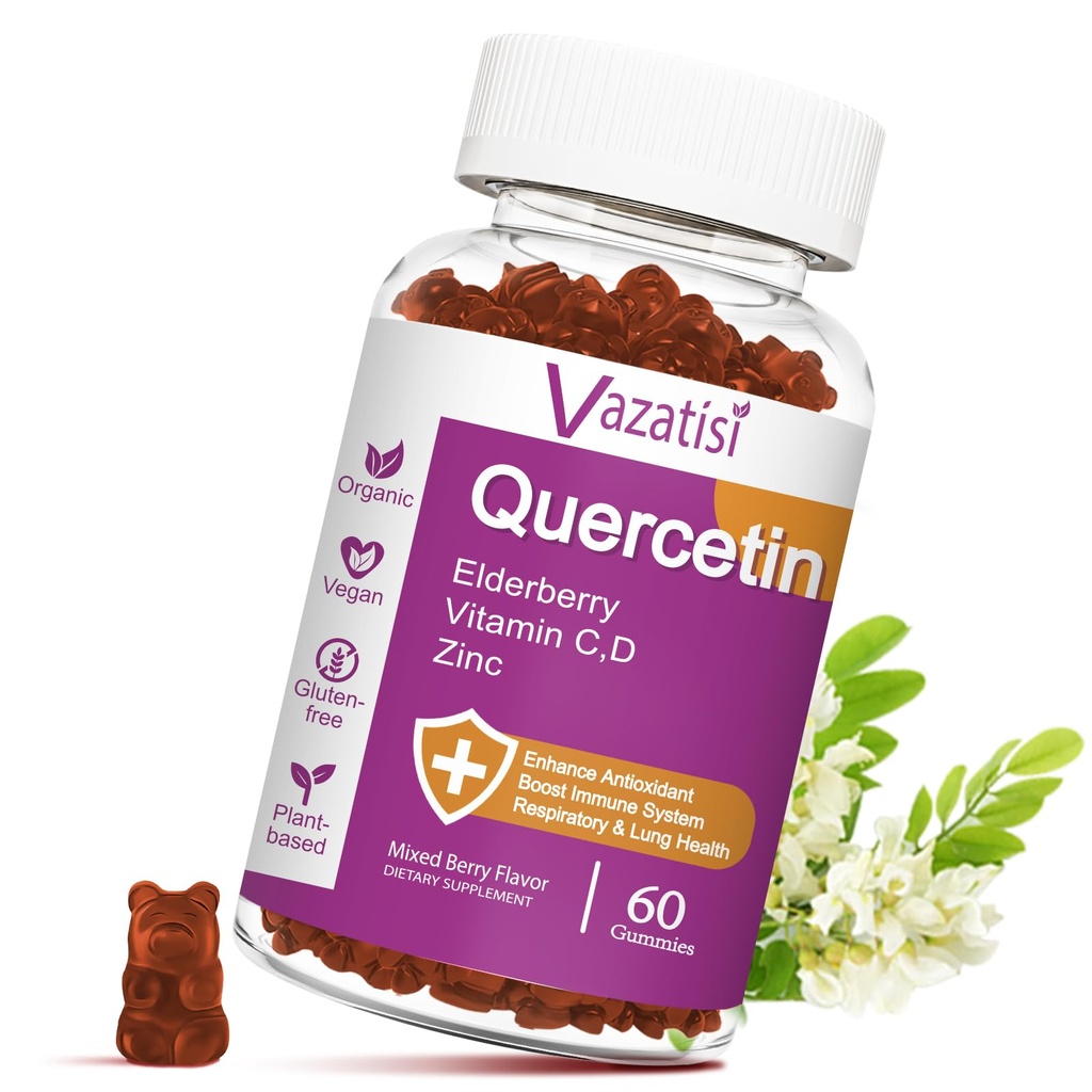 Quercetin Gummies, Quercetin z witaminą C Cynk, Bromelain, Elderberry i witaminy D, Immune Support Dorośli Dzieci, Kobiety Mężczyźni, 60 Gummies Chewable