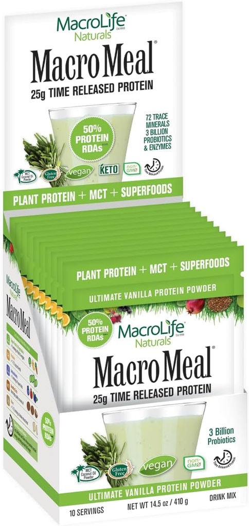 MacroLife Naturals MacroMeal Vegan Vanilla Superfood Supplement Powder Protein + Zielone, Probiotyki, Enzymy trawienne, Fiber - Energia, Detox, Immune - Non-GMO, Gluten- Free- 10 Packet Servings