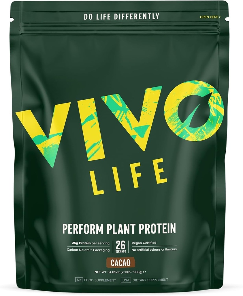 Vivo life Perform Plant Protein Powder Building 124; 25g Protein with 6g BCAA, Żelazo, Cynk, Turmeric & Herbal Enzyme Blend 124; Laktoza Free & Easy to Digest, Plant- based Nutrition Edin124; Raw Cacao - 26 Servings