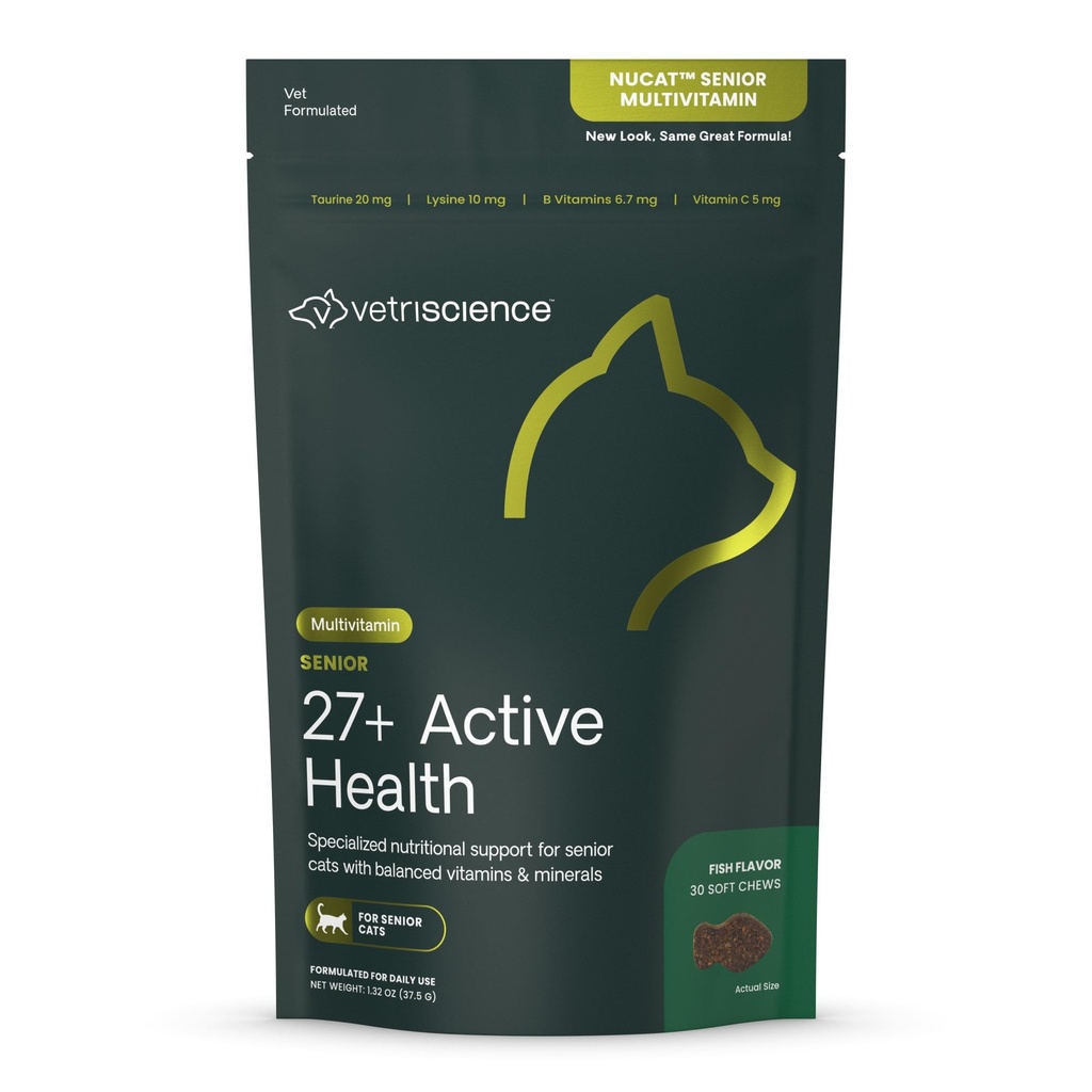 VetriScience Senior 27 + Active Health Chews, Nu Cat Daily Multivitamin for Senior Cats, Zbalansowane witaminy, minerały i przeciwutleniacze, Zdrowe Starzenie i Wellness Wsparcie, Ryby, 30 Hrabia