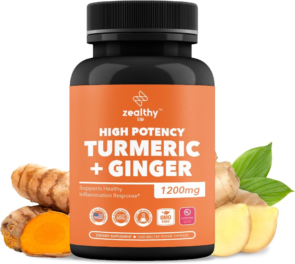 Turmeric + Ginger Capsules 1200mg Buddings 124; Joint Comfort, Inflatimate Support & Digestive Health * Budget 124; 180 Count Agdings 124; Zealthy Life High Potency Turmeric Ginger Supplement