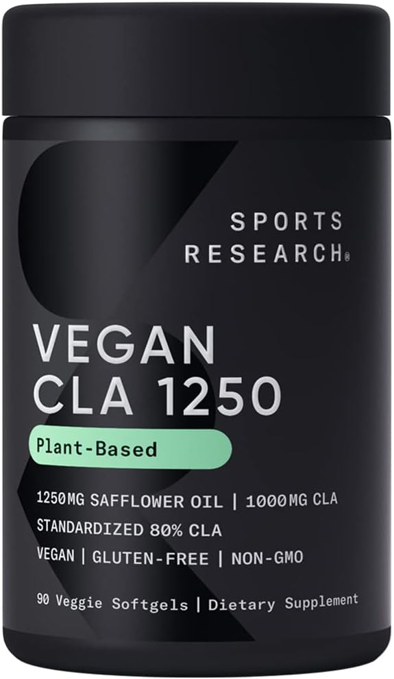 Sports Research Vegan CLA - 1250mg z aktywnym kwasem linooleinowym dla mężczyzn i kobiet 124; Non-GMO, Soy & Gluten Free - 80% (90 Softgels)