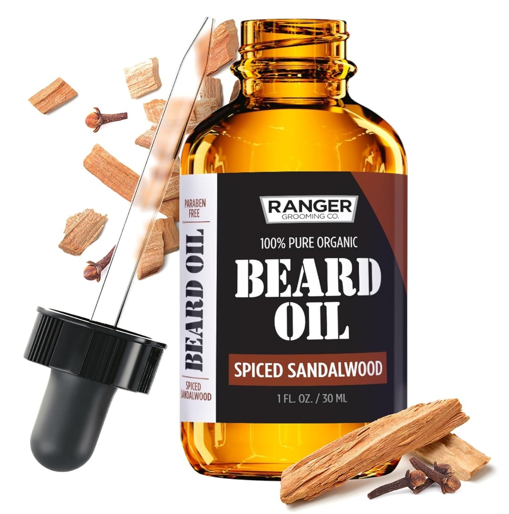 Leven Rose Spiced Sandalwood Beard Oil & Leave In Conditioner by Ranger Grooming Co, 100% Czysty naturalny organiczny dla Groomed Beards, wąsacze, i wilgotne skóry 1 oz