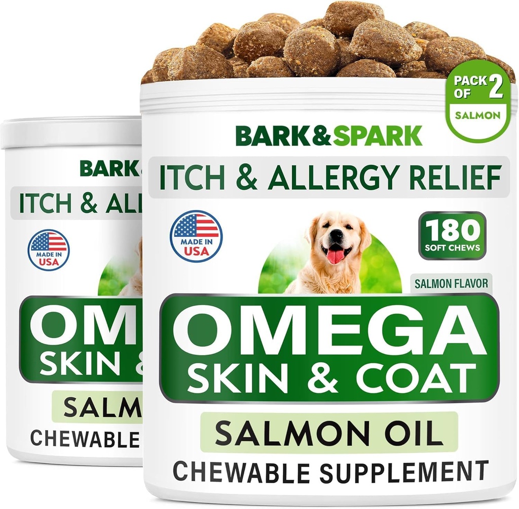 BARK & SPARK Omega 3 dla psów - 360 Fish Oil Treats for Dog Shedding, Alergia skóry, Itch Relief, Hot Spots Treatment - Joint Health - Skin and Coat Supplement - EPA & DHA Fatty Acids - Salmon Oil