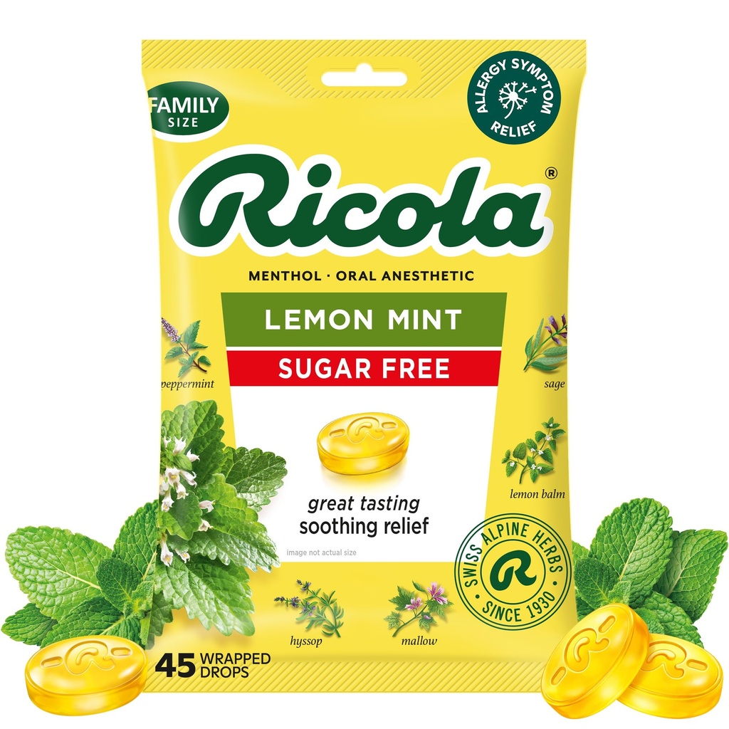 Ricola Sugar Free cytrynowe krople do gardeł, 45 Hrabia, Odświeżająca ulga od lekkich podrażnień gardła, Astezja jamy ustnej