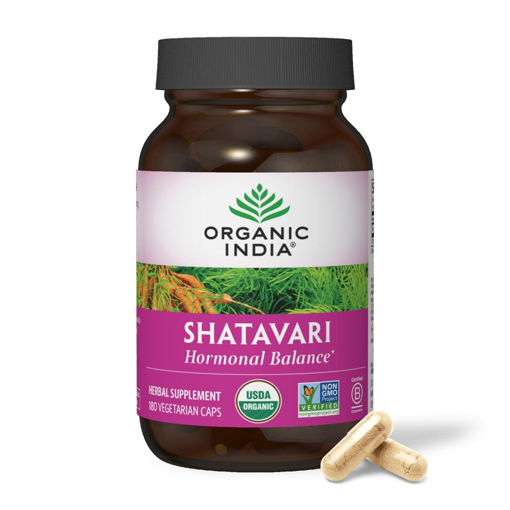 ORGANIC INDIA Kapsułki Shatavari - Suplement ziołowy, Wspiera równowagę hormonalną, Wsparcie układu immunologicznego, Wegan, Bez glutenu, USDA Organic, Wspiera Reproductive Health - 180 Kapsułki