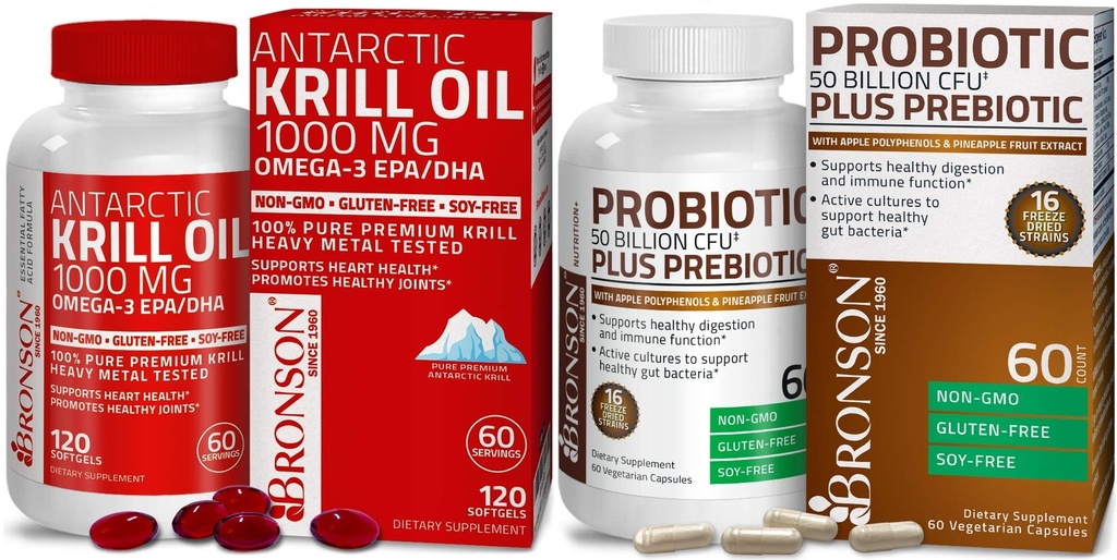 Bronson Probiotic 50 Milion CFU + Prebiotyk z Apple Polyphenols & Owoce ananasowe Ekstrakt kryla antarktycznego 1000 mg z Omega- 3 s EPA DHA
