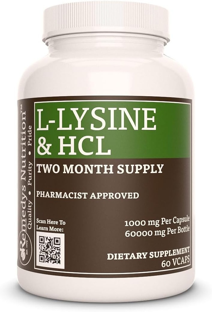 Remedy's nutrition L-Lysine HCL | 1,000 mg, 60 Vegan Capsule Amino Acid Dietary Supplement | Two Month Supply