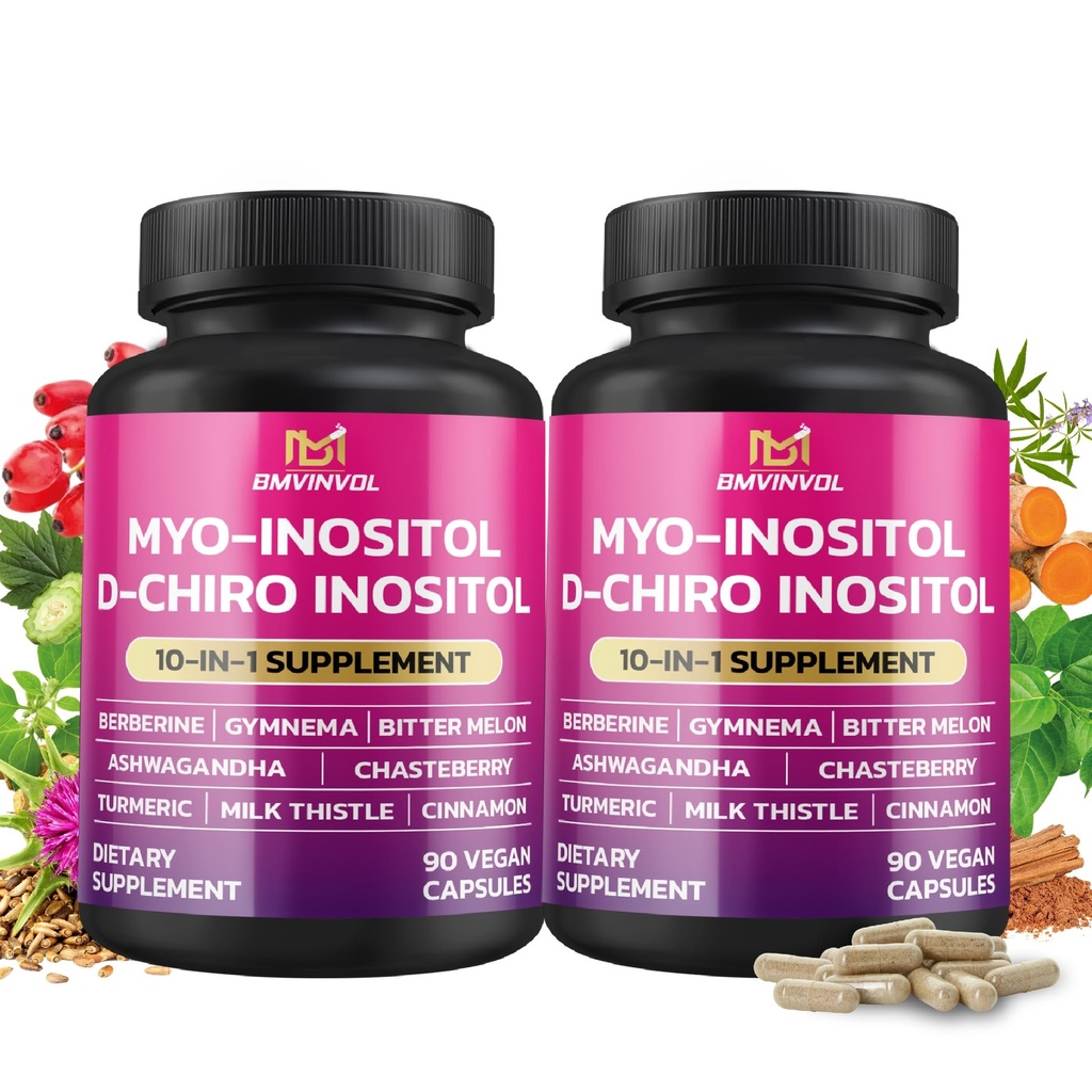 BMVINVOL 2 Pack Inositol Supplement- Myo- Inositol i D- Chiro Inositol Ideal 40: 1 ratio - Plus Berberine, Cynamon, Ashwagandha + 5 More- 60 Day Supply