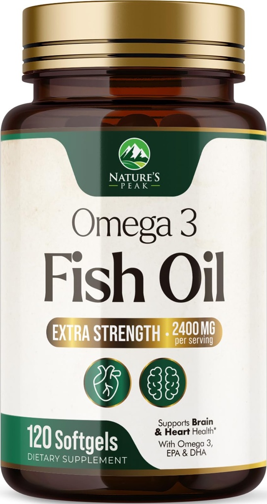Omega 3 Fish Oil 2400 mg Suplement, zrównoważony sourced, Triple Strength Omega-3 Suplement Softgels, Wsparcie zdrowia mózgu, EPA & DHA Fish Oil Fatty Acids Supplements, Gluten & GMO Free, 120 Softgels