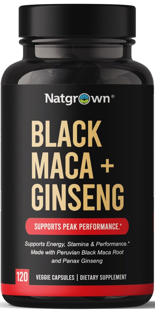 Natgrow Black Maca Root + Panax Ginseng Powder kapsułki 1500 mg z Black Peruwiański Maca Root & Koreański Panax Ginseng Suplement dla mężczyzn i kobiet - Vegan Pills (120 Count)